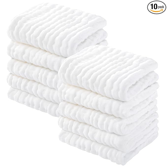 Yoofoss Muslin Baby Washcloths 100% Organic Cotton Face Towels 10 Pack Wash Cloths for Baby 12x12in Soft and Absorbent Baby Wipes (White)