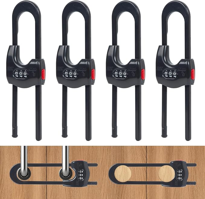 4 Pack Cabinet Locks Baby Proofing Upgrade Child Proof Cabinet Lock Adjustable U-Shaped Code Locks Sliding Cabinet Door Lock Latches Set for Cupboard Knob Handle Drawers Closet (Black)