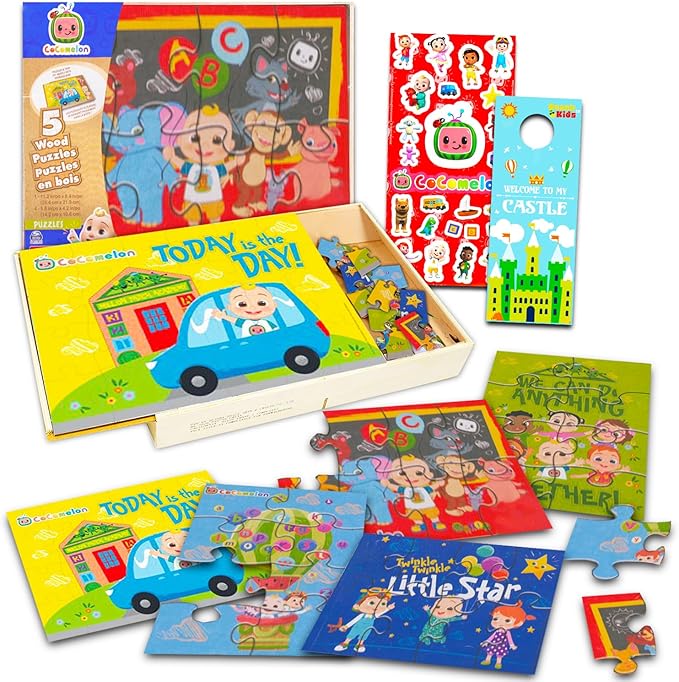 Cocomelon Jigsaw Puzzle Set - Bundle with 5 Wooden Puzzles for Toddlers Plus Stickers and More | Cocomelon Playtime Learning Activities for Kids