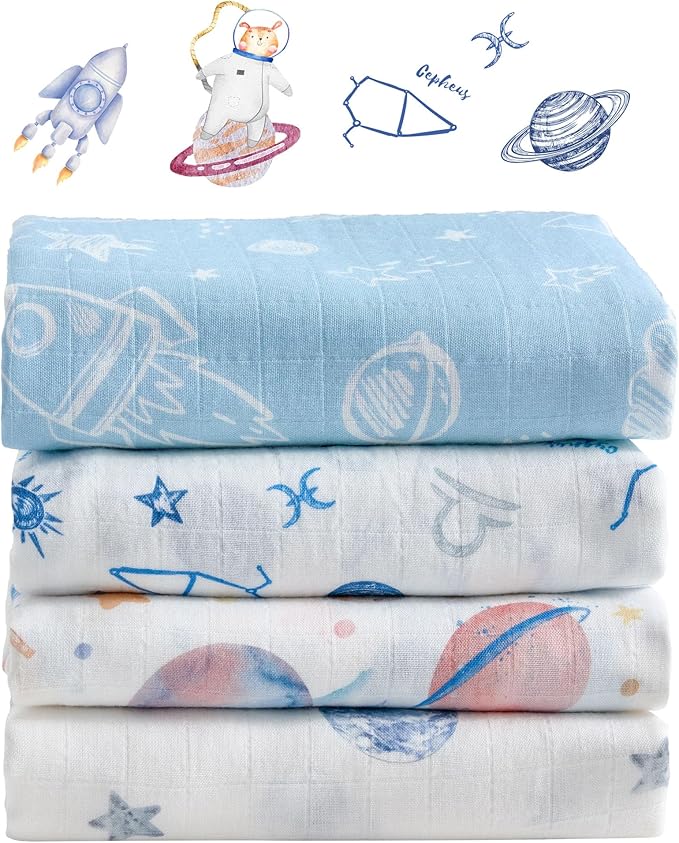Muslin Swaddle Blankets for Newborn, 4 Pack Large 47"x47" Soft Breathable Bamboo Cotton Baby Blanket, Lightweight Receiving Blanket for Boys and Girls, Little Space Explorer