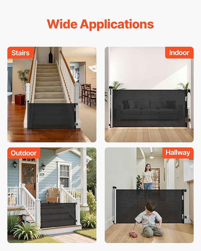 VEVOR Retractable Baby Gate, Extends to 56.3 inch Wide, 31.3 inch Tall, with Security Lock, Easy to Use, Walk Through Without Tripping, Mesh Dog Gate for Stairs, Hallways, Indoor/Outdoor, Black