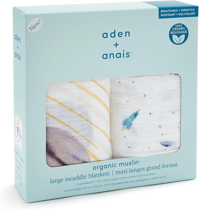 aden + anais 100% Organic Cotton Muslin Swaddles, Breathable Baby Blanket, Ideal for Boys, Girls, Newborns, Babies & Infants, Receiving Blanket, Soft and Lightweight Wrap, 2 Pack, Space Orbit