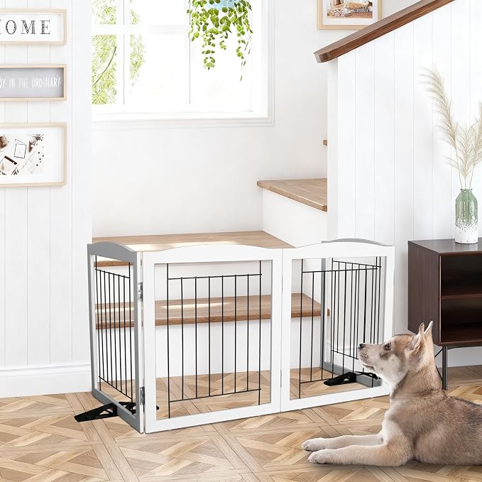 Dog Fence Indoor,Dog Gate Indoor for Doorway pet gate -3-Panel Freestanding, Hallways, House or Stairs -60x32-Inch Retractable Foldable Expandable Wood Pet by SFJC (White) ﻿