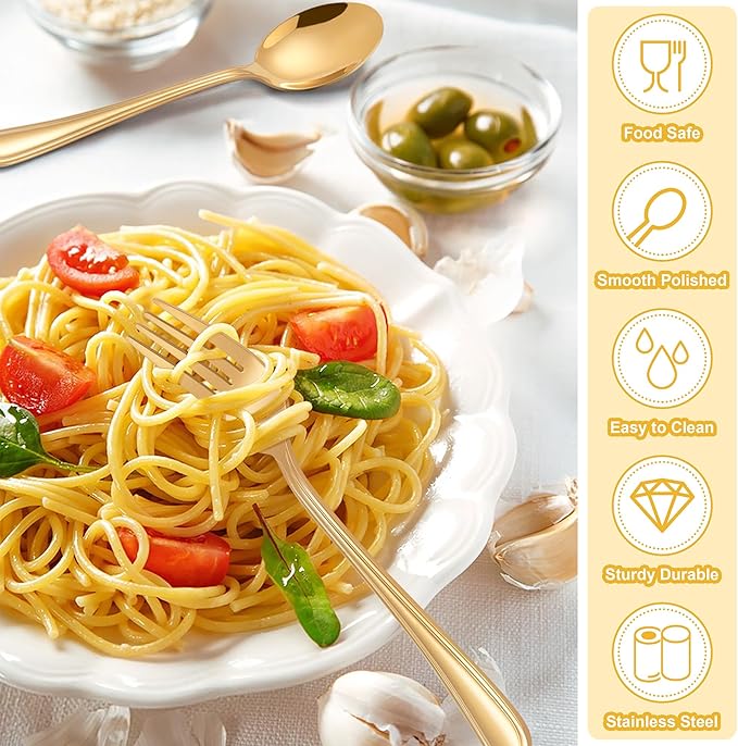 E-far 10-Piece Gold Toddler Utensils, Kid Stainless Steel Silverware Set, Children Safe Forks and Spoons Set for Self Feeding, Healthy & Non-Toxic, Mirror Polished & Easy to Clean