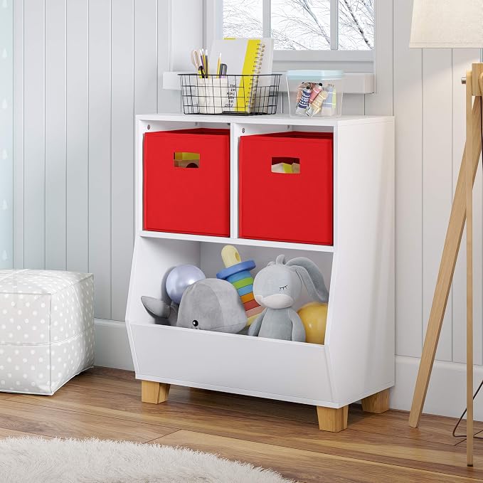 RiverRidge Kids Bookshelf Toy Storage Organizer with 2 Cubbies, 2 Folding Red Fabric Storage Bins & Spacious Bin White Playroom Toy Organizer and Cubby Storage