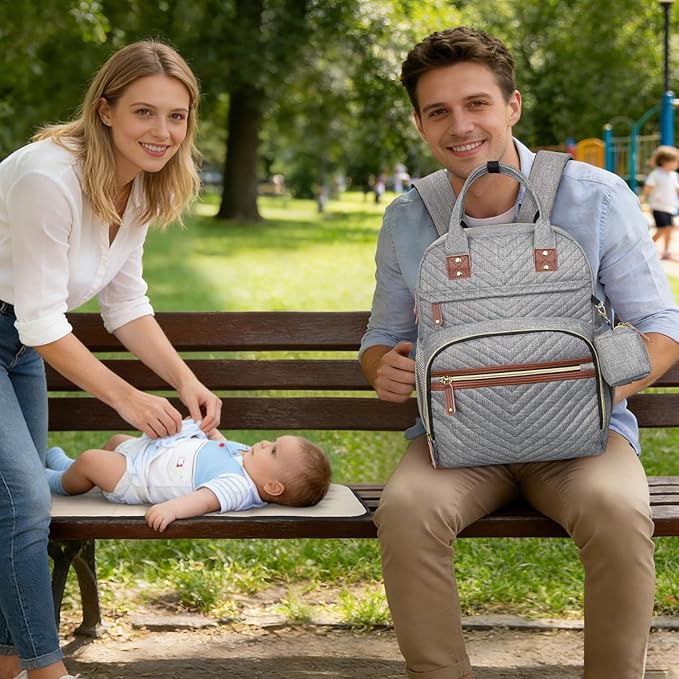 Tuwubi Diaper Bag Backpack with Changing Pad,Baby Essentials, Multi function Waterproof Backpack with Stroller Straps & Pacifier Case Light Grey