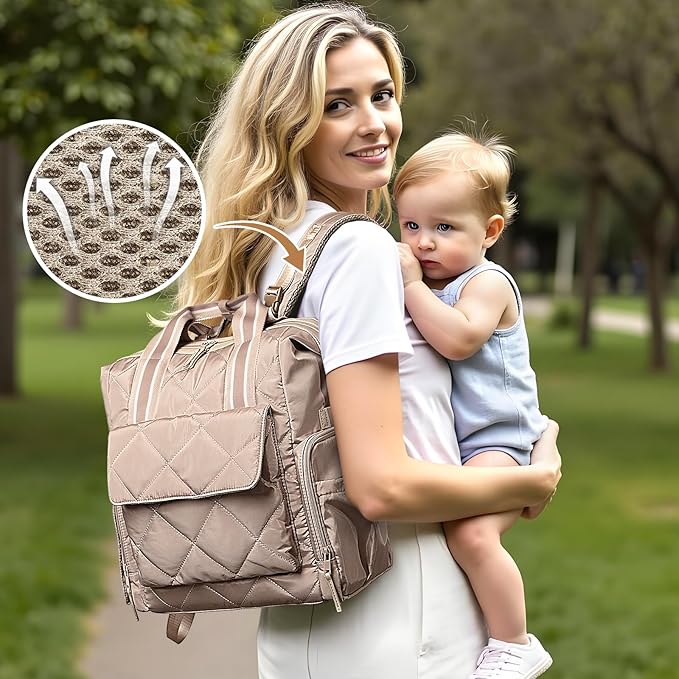 Omanmoli Diaper Bag Backpack Quilted Baby Diaper Bag Lunch Backpack Pañaleras Para Bebe for Working Moms with 11 Pouches,Large Insulated Cooler Compartment,Stroller Straps,Changing Pad,Khaki
