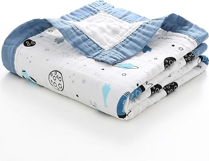 Jay & Ava Soft Cotton Muslin Blanket, 42' x 42', 4 Layers, Toddler & Baby Crib Blanket - Blue Star Space