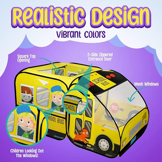 School Bus Pop-Up Kids Tent with Sound Play Button, Ball Pit for Toddler & Up - Easy Setup Tent for Indoor & Outdoor, Daycare Playground Activities & Pretend Play, Great for Kids