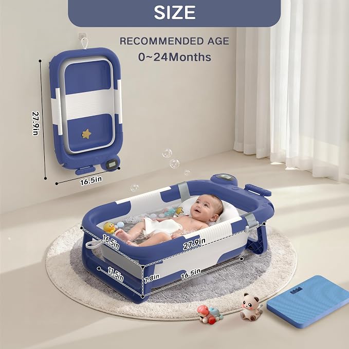 Foldable Baby Bathtub for Newborn to Toddler (0-24 Months), Portable Baby Bath Tub for Travel, Collapsible Baby Tub with Soft and Supportive Cushion (Astronaut-Blue)