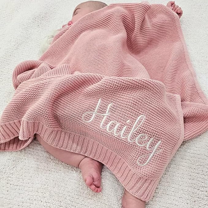 Luxury Personalized Name Knitted Baby Blanket - Embroidered, Soft Breathable Cotton Knit for Newborns - Valentine's Gift for New Moms Baby Boy Girl Birthday Christmas