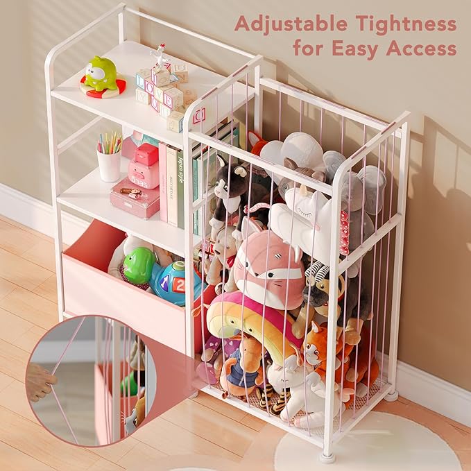 BBLIKE Kids Bookshelf and Toy Storage Organizer, Stuffed Animal Storage Holder with Fabric Toy Chest, 2-Tier Toddler Book Shelf for Kids Room, Playroom, Nursery, Pink