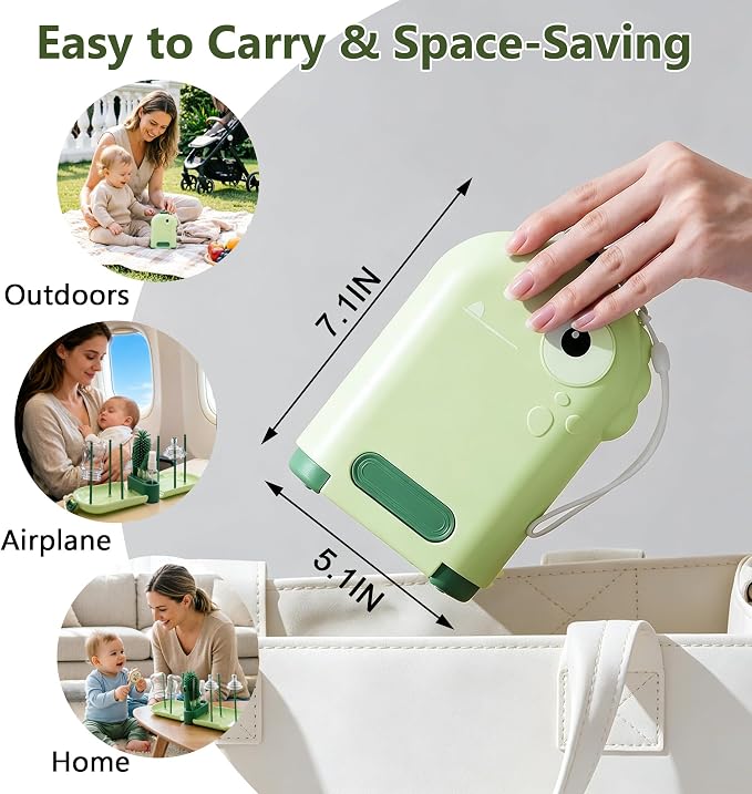 Travel Baby Bottle Brush Kit with Case, 6-in-1 Portable Bottle Cleaning Set for Baby Bottles, Nipples, Straws and Breast Pump Parts, Includes Drying Rack and Soap Dispenser, Green