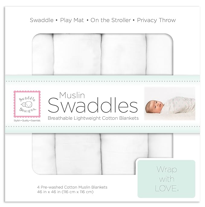 SwaddleDesigns Cotton Muslin Swaddle Blankets, Set of 4, Receiving Blankets for Baby Boys & Girls, Best Shower Gift, 46x46 inches, Pure White