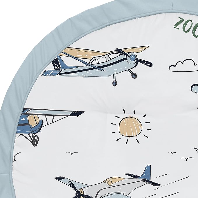 Sweet Jojo Designs Vintage Airplane Boy Baby Play Mat Tummy Time Activity Infant Playmat Playpen Tent Teepee Floor Grey Green Blue White Yellow Airplanes Plane Transportation Clouds Sun Sky Aviator