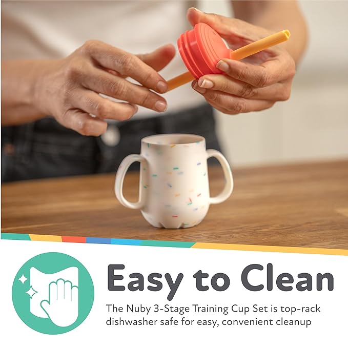 Nuby 3-Stage Training Cup Set - Silicone Tumbler with Spout and Straw Combo - 4 oz - 6+ Months - Girls