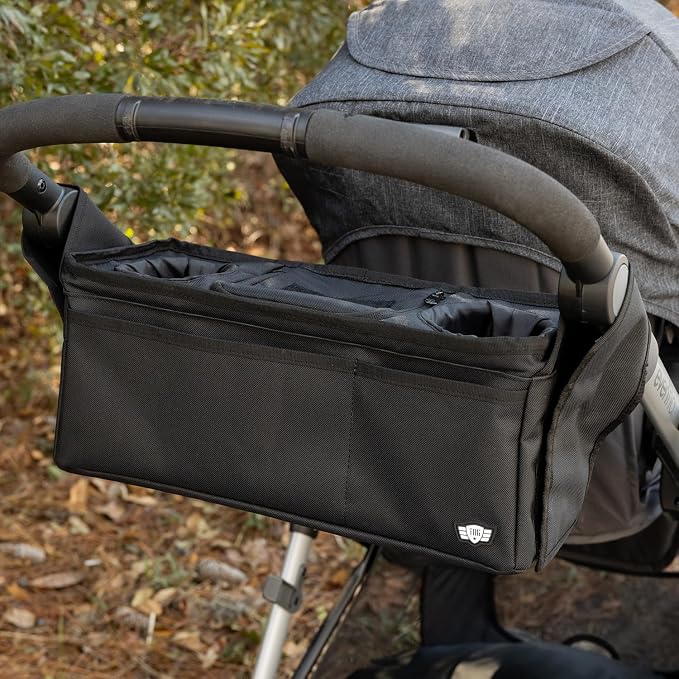 Tactical Baby Gear Stroller Caddy Organizer – Universal Fit Parent Console with Insulated Cup Holders, Cooler Pocket, Front Phone and Keys Storage