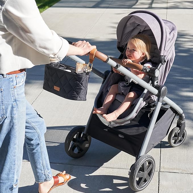 Beautiful Stroller Caddy Organizer With 2 Cup Holders ??Luxury Stroller Bag, Universal Fit, Leather Straps & Zipper Pocket ??Spacious Accessories Perfectly Fits Doona, Nuna & Uppababy Strollers