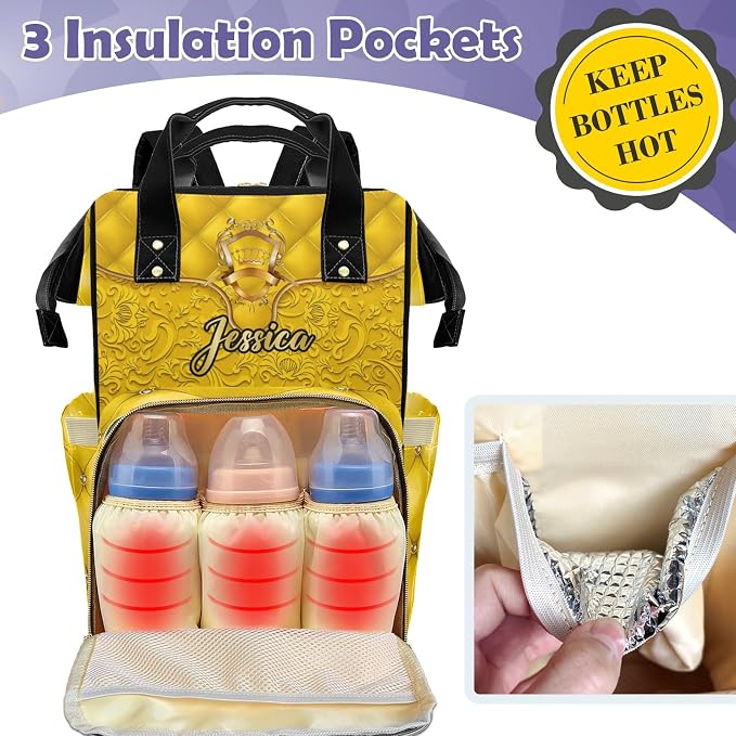 Custom Diaper Bag with Name Personalized Multifunctional Mommy Backpack for Shoulders Outdoor Backpack for Newborn Baby Crown-Thermal Pockets Nursing Bags
