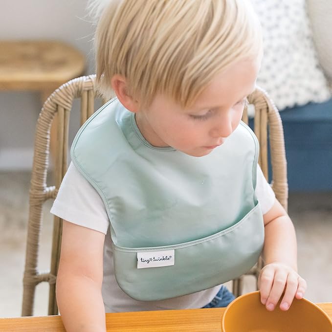 Tiny Twinkle Mess-Proof Baby Bibs for Eating | Waterproof, Wipeable Toddler Bibs with Catch-All Pocket | Feeding Bibs for Girls & Boys(5 Pack, Boy Spring)