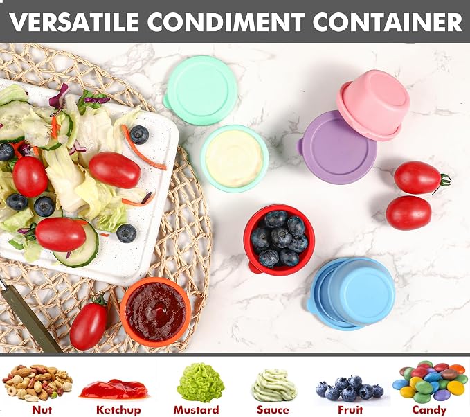 KOLUTI 6 Pack Salad Dressing Container To Go, Nonstick Silicone 1.6oz Sauce Cup for Lunch Bento, Small Condiment Storage Box with Lid, Leak-proof, BPA Free, Dishwasher & Microwave & Oven Safe