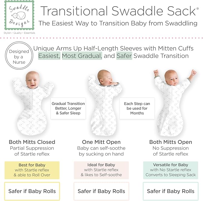 SwaddleDesigns Transitional Swaddle Sack, Arms Up Half-Length Sleeve Mitten Cuff, Most Gradual Transition Swaddle for Newborn