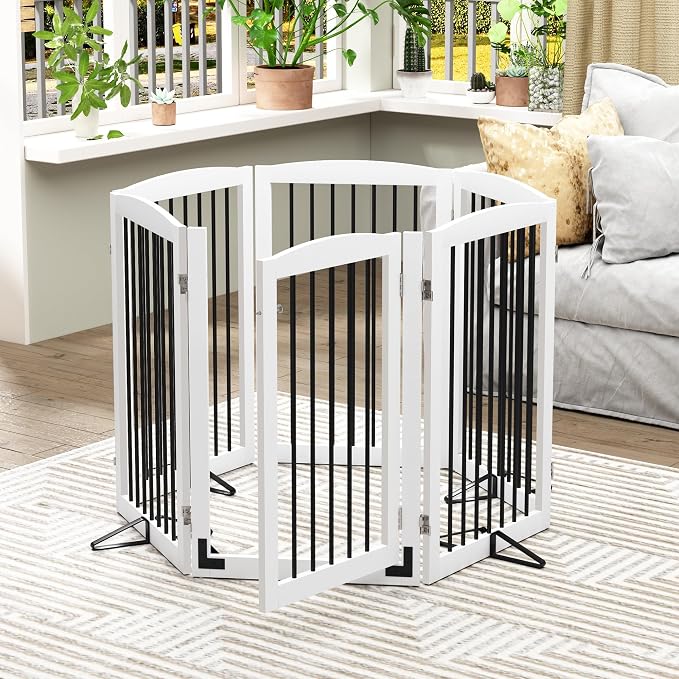 PUPETPO Freestanding Pet Gate with Door, Tall Dog Gate for House, Extra Wide, Pet Puppy Safety Fence, Support Feet Included, 120 Inch Wide, 6 Panels 32" Tall, White & Black