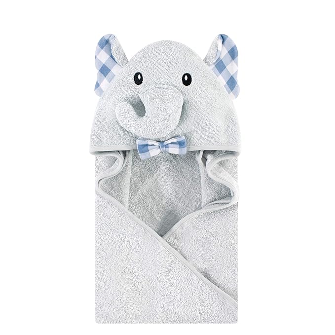 Hudson Baby Unisex Baby Cotton Animal Face Hooded Towel, Gingham Elephant, One Size