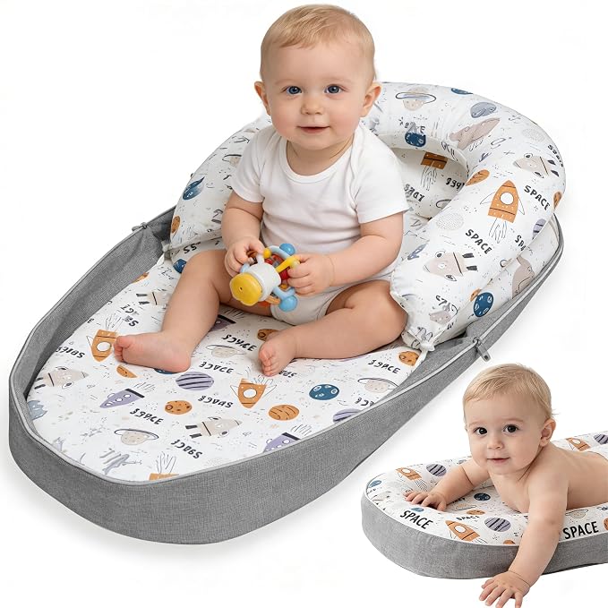 Tummy Time Mat, 2-in-1 Convertible to Backpack, Premium Memory Foam Baby Play Mat, Removable Machine Washable Cover, Foldable for Floor, Couch & Travel, Spaceship
