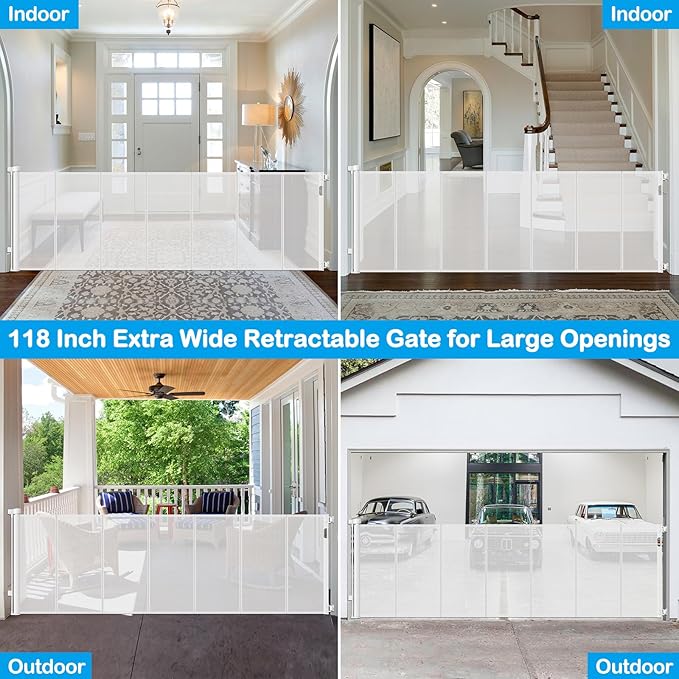 Reinforced 42??Extra Tall X 159??Extra Wide Retractable Gate Indoor Prevent Kids and Pets from Getting Through Tall Retractable Baby Gates for Doorways Pet Gates for Wide Openings Mesh Baby Gate White