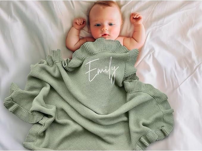ZXH Personalized Baby Blanket,Soft Cotton Knit Baby Blanket,Embroidered Baby Blanket,Baby Blanket Sage Green,Custom Name Baby Blanket Newborn Gifts for Girl and Boy, GF24316-7