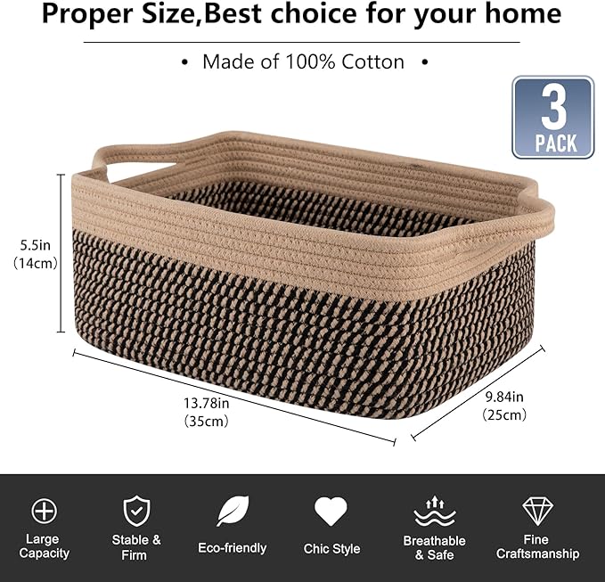 OIAHOMY 3 Pack Storage Baskets for Organizing, Woven Cotton Rope Basket for Shelves, Closet Organizer Bins with Handles, Rectangle Toy Organization, 13.78''×9.84''×5.5'', Brown & Black