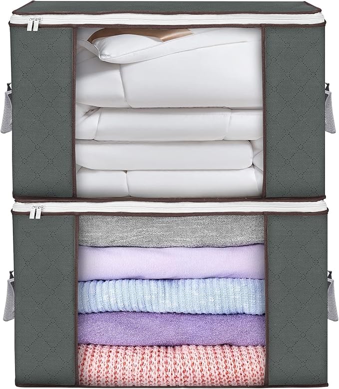 Large Storage Bags, 2 Pack Clothes Storage Bins Foldable Closet Organizers Storage Containers with Durable Handles Thick Fabric for Blanket Comforter Clothing Bedding 90 L