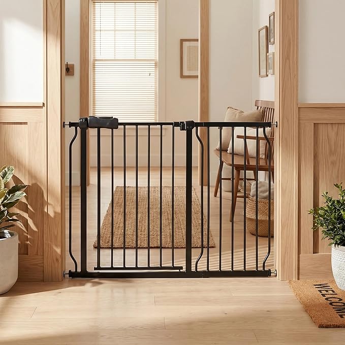 Extra Wide Baby Gate - 43.3-48 Inch Tension Mounted Safety Child & Pet Gate - Black Metal - Walk Through - Long - for House Doorways & Stairs, 30 Inch Tall
