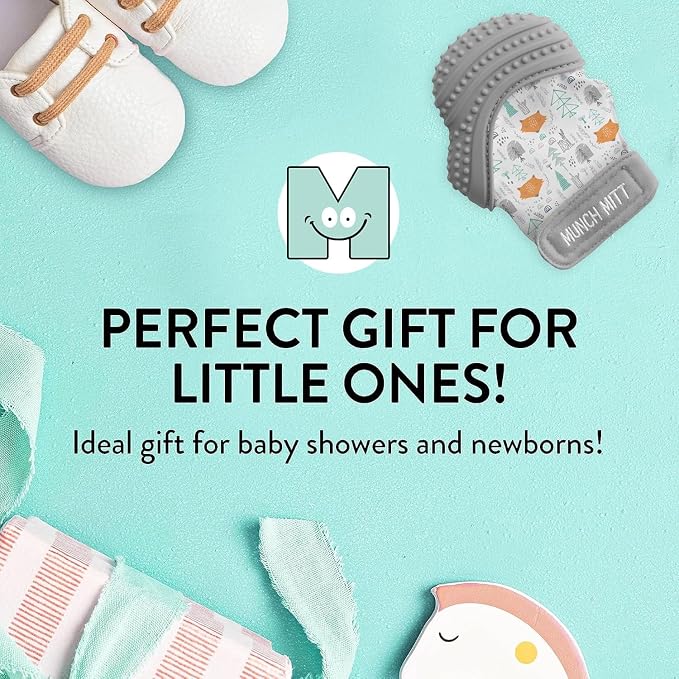 Munch Mitt Patented Teething Mitten Baby Chew Toy - Protects Hands from Chewing & Saliva, Heals Aching Gums, Promotes Sound & Visual Stimulation for Babies - Grey Fox