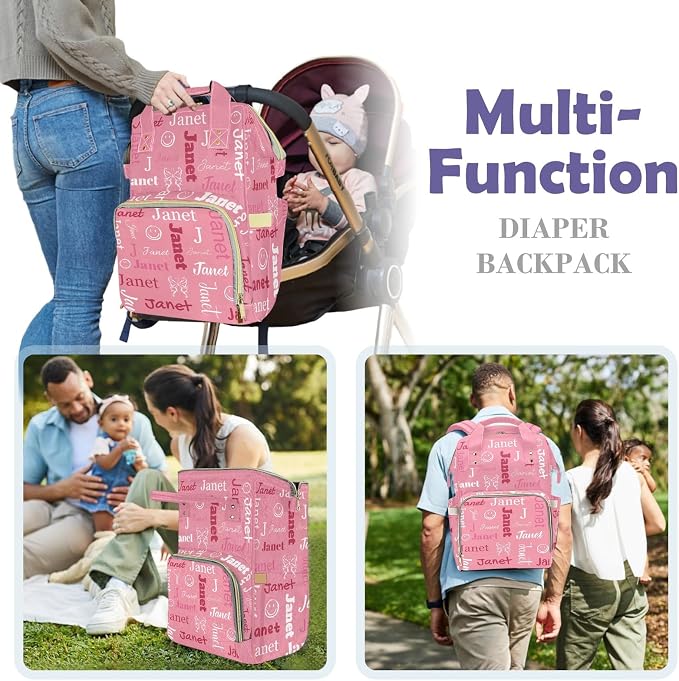 Custom Diaper Bag with Name Personalized Multifunctional Mommy Backpack for Daughter Granddaughter, Pink Daypack Bag for Travel