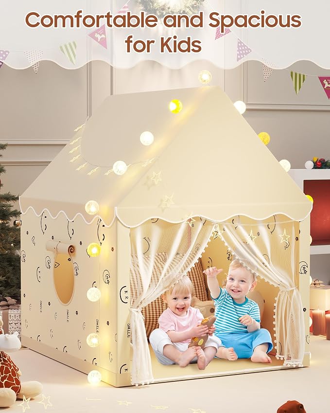 Kids Play Tent, Princess Tent Indoor Playhouse Set with Star Lights, Ball Lights, Colorful Flags, Butterflies - Large Tents for Kids Toddle Castle for Girls Toy House Gift