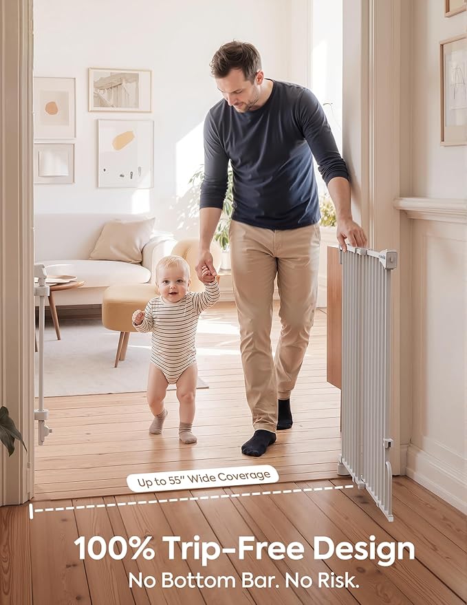 Babelio Removable & No Bottom Bar Baby Gate, 35.5-55" Hardware Mounted (Drill Needed)| Wide Walk-Thru| Auto-Close Safety Dog/Pet Gate for Stairs & Doorways (White, 35.5-55" W, 30" H)