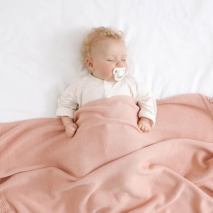 Hadetoto Baby Blanket Soft Cozy Cotton Cable Knit Crochet Receiving Crib Nursery Swaddling Blankets for Newborn Boys Girls (Baby Pink)
