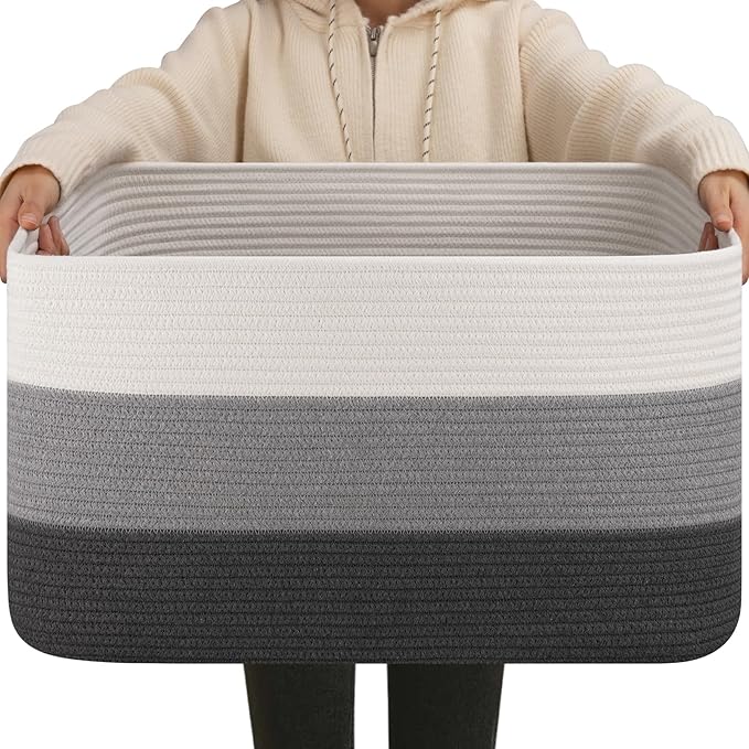 OIAHOMY Large Blanket Basket For Living Room, Rectangle Woven Baskets for Storage, Nursery Toy Storage With Handle-22?�x17?�x12??Gradient Dark Grey