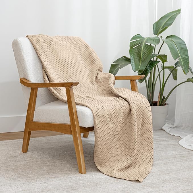 Comfy Cubs Waffle Blanket Queen, 90" x 90" - 100% Cotton Lightweight Breathable Bed Blanket - Soft Textured Thermal Weave for All Seasons – Decorative Cozy Layer for Couch, Sofa, or Bed - Sand