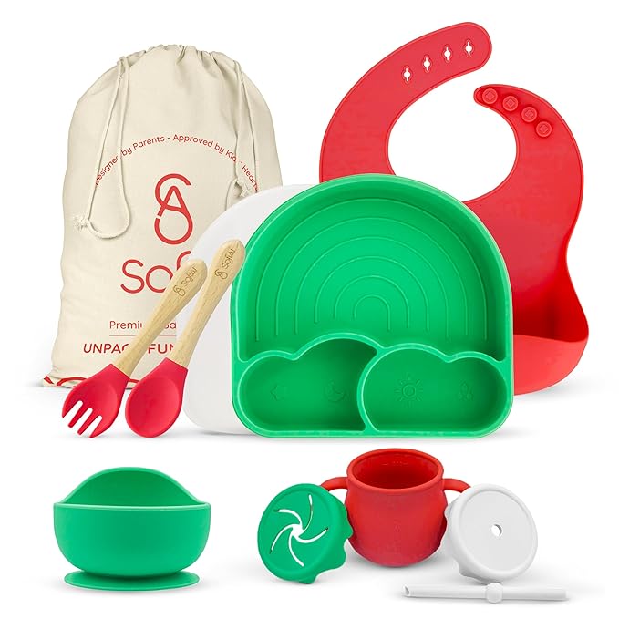 All In One Silicone Feeding Set - Safe for 6-12 Months - Non-Toxic Baby Led Weaning Supplies - Toddler Self Feeding Utensils - BPA-Free - Mess Free Essentials