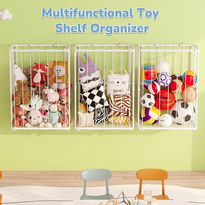 Stuffed Animal Storage Metal Tube Small Toy Storage Organizer with Elastic Cord, Multifunctional Garage Ball Storage Freestanding or Wall-Mounted Stuffed Animal Holder Zoo for Playroom Bedroom (White)