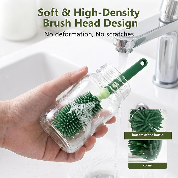 Travel Baby Bottle Brush Kit with Case, 6-in-1 Portable Bottle Cleaning Set for Baby Bottles, Nipples, Straws and Breast Pump Parts, Includes Drying Rack and Soap Dispenser, Green