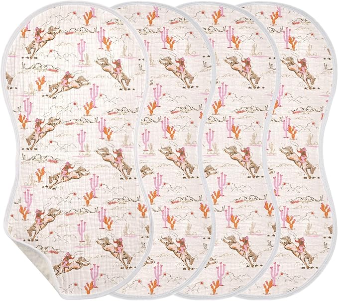 Muslin Baby Burp Cloths, Western Cowgirl Muslin Washcloths Baby Bibs Rags Comfy Soft Absorbent in for Newborn Boys and Girls 4 Piece 22 x 11 Inch