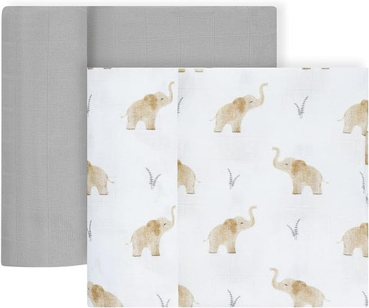 Featherhead??100% Cotton Muslin Swaddle Blankets for Baby Girl - Large 47?�x 47??- Pre-Washed, Soft, & Breathable - Newborn Essential & Perfect Baby Registry Gift (2 Pack - Elephant)