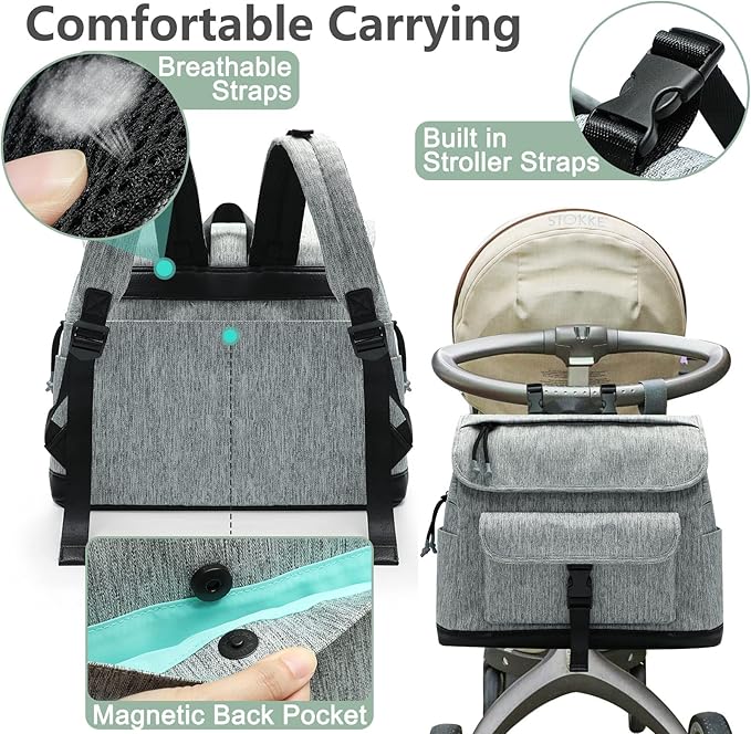 MOMINSIDE Diaper Bag Backpack, Small Diaper Bag, Mini Baby Diaper Bag with 12 Pockets, 4 Insulated Pockets, Changing Pad, Stroller Straps(Grey)