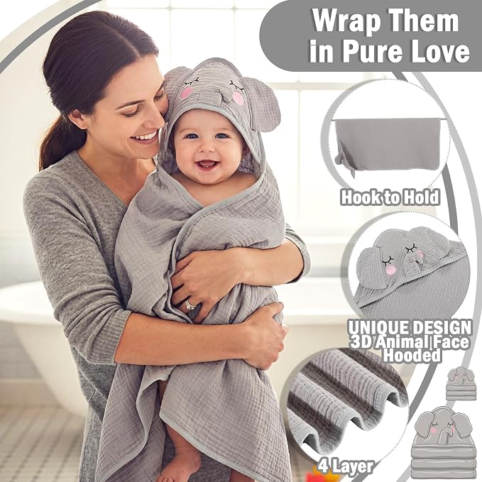 Mindsoft Muslin Hooded Baby Towel 100% Cotton Soft Absorbent Bath Towel with Cute Gray Elephant Design 32 x 32 Inch Muslin Baby Bath Essentials for Boys Babies Infant Toddler Kids