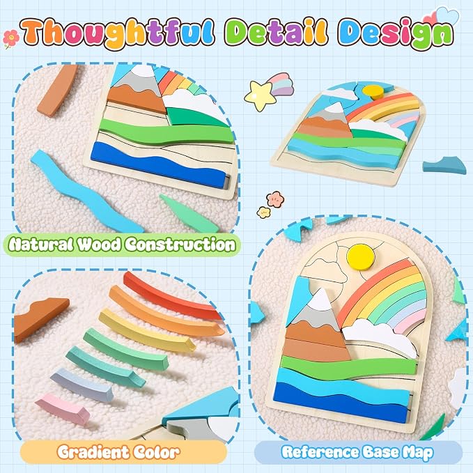 Montessori Wooden Shape Puzzles - Color Matching & Cognition Fun for Kids Over 3 Years Old, with Rainbow Blocks & Themes, Fine Motor Skill Building Toys & Gifts (Rainbow)