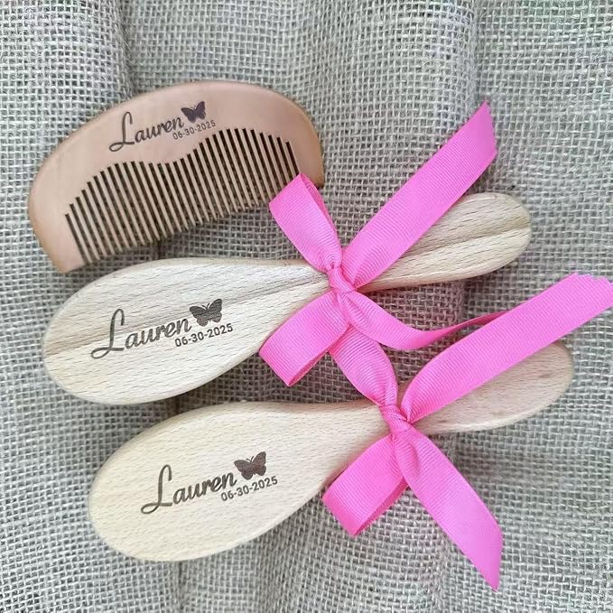 3 Piece Customized Baby Brush and Comb Set, Wooden Baby Brush with Natural Ultra Soft Goat Hair, Baby-Hair Brush for Newborn, Personalized Gift for Baby Boys Girls
